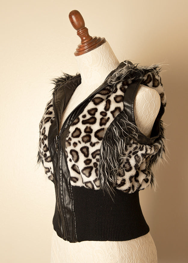 Vintage Cowgirl Furry Hoodie Cropped Zipper Cow Animal Print Jacket Rave Top Large