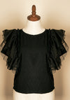 Vintage Avangard Fashion Style Black Top with Ruffle Shoulders Stretchy Top / Career / Gothic L