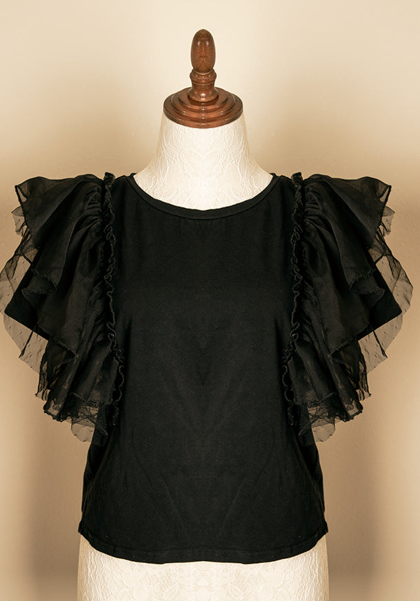 Vintage Avangard Fashion Style Black Top with Ruffle Shoulders Stretchy Top / Career / Gothic L