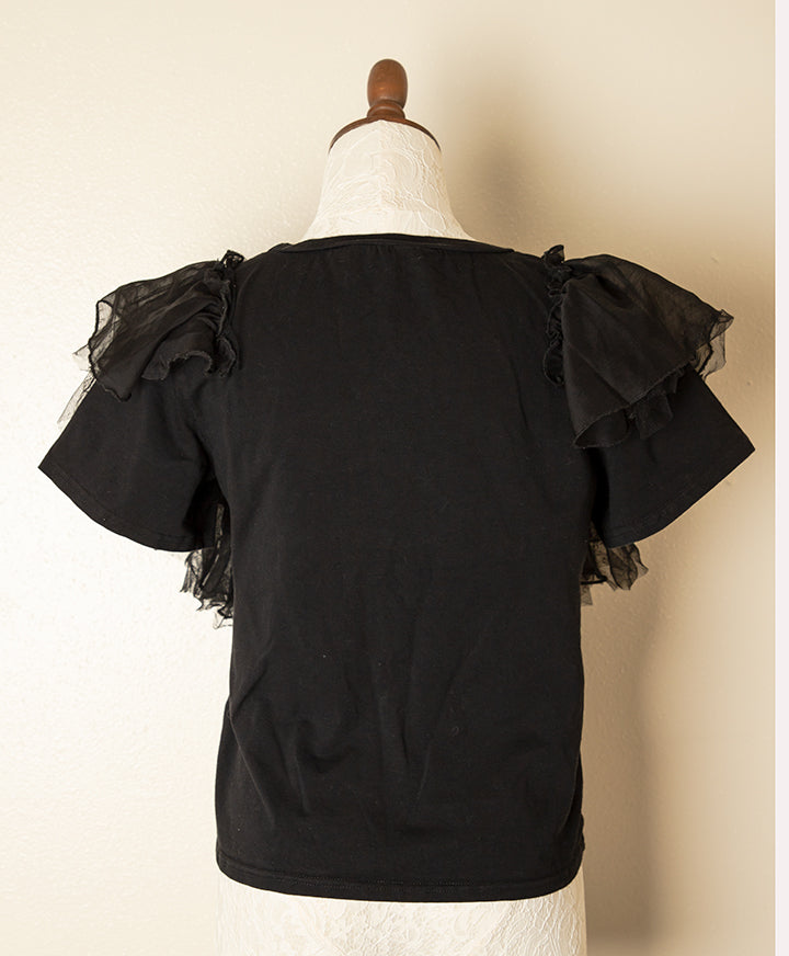 Vintage Avangard Fashion Style Black Top with Ruffle Shoulders Stretchy Top / Career / Gothic L