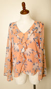 Salmon Floral Top with Ruffles / Long Sleeve / Chiffon Style/ Pirate / Career / L