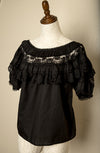 Vintage - Mexican Folkloric Inspired Ruffle Gothic Bohemian Black Peasant Top L/XL