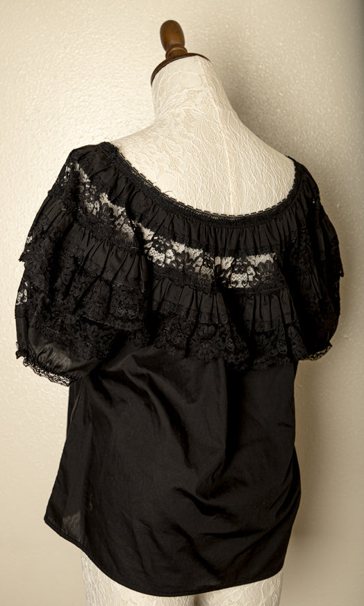 Vintage - Mexican Folkloric Inspired Ruffle Gothic Bohemian Black Peasant Top L/XL