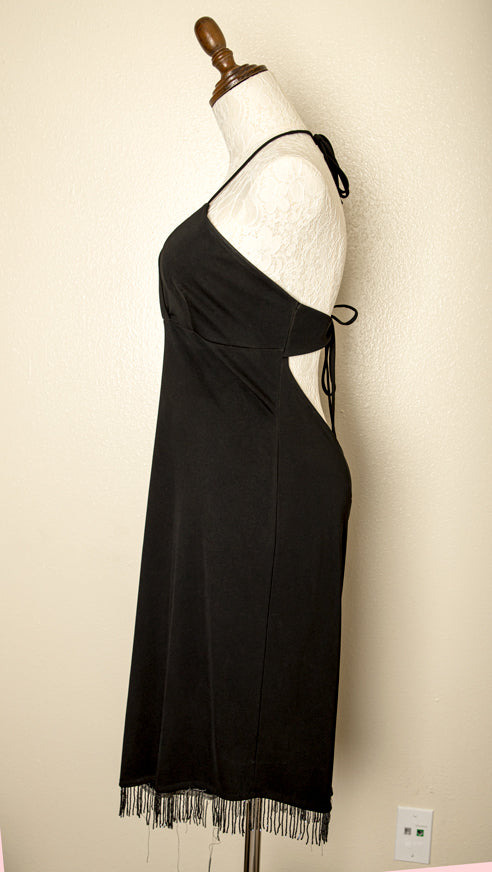 Vintage - Dress with Neck and Back Tie Flapper Style w/ Fringe at the Bottom L