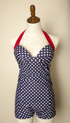 Vintage - Navy & White Polka Dot Retro Vintage Swimsuit Short Padded Cups Rockabilly XL