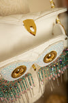 Quilted White & Gold Owl Face Crossbody Purse w/ Green and Pink Beads