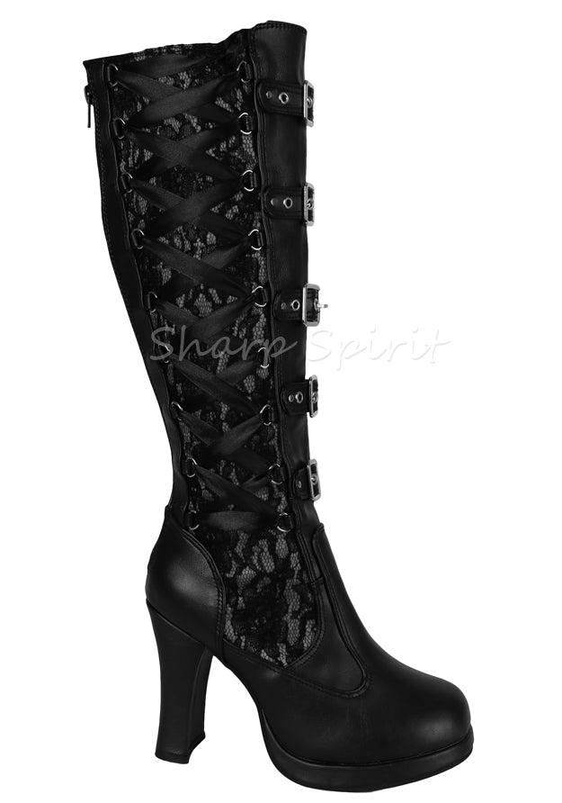 Black Corset Victorian Lace Up Military Combat Witch Womens Boots