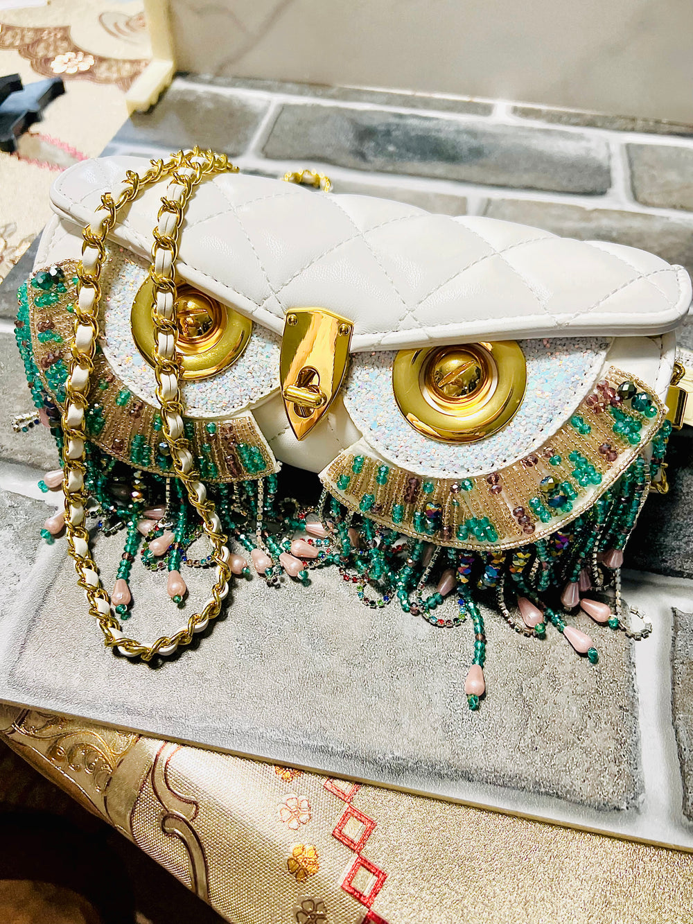 Quilted White & Gold Owl Face Crossbody Purse w/ Green and Pink Beads