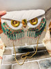 Quilted White & Gold Owl Face Crossbody Purse w/ Green and Pink Beads