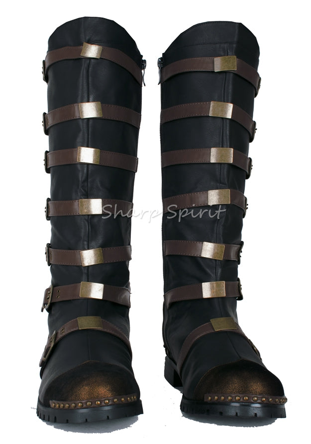 Strapped Steampunk Bronze Military Combat Halloween Costume Mens Boots
