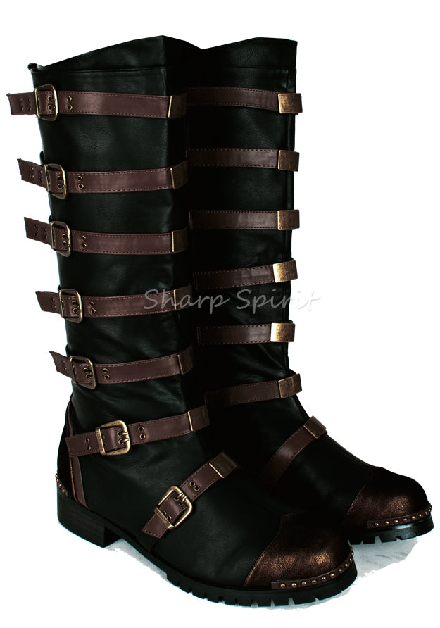 Strapped Steampunk Bronze Military Combat Halloween Costume Mens Boots